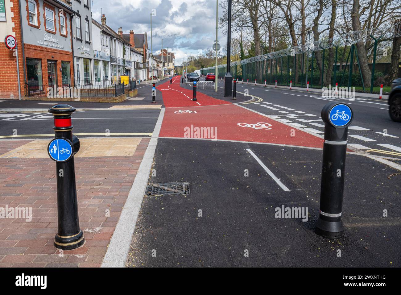 New cycle lanes and footpath beside Lynchford Road, Farnborough, Hampshire, England, UK, reopened in March 2024 following traffic improvement scheme Stock Photo