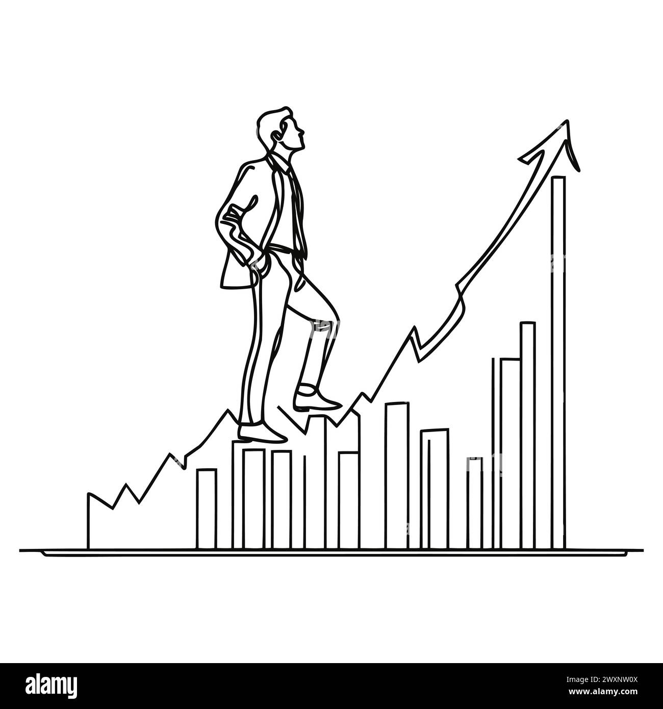 Continuous single line drawing. Businessman climbs the stairs to the ...