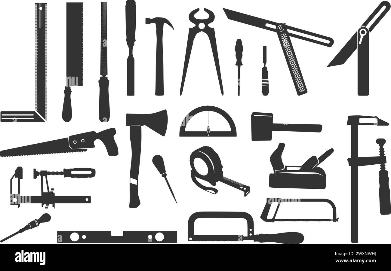 Carpenter tools silhouette, Carpenter tools, Wooden work tools silhouette, Carpenter silhouettes, Carpentry tools, Tools silhouette Stock Vector