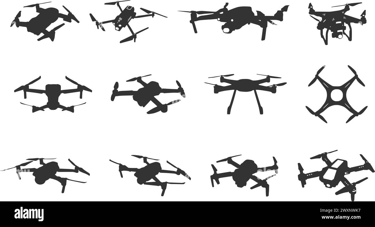 Flying drone silhouette, Drone silhouettes, Flying drone vector illustration, Drone silhouette, Drone vector set Stock Vector