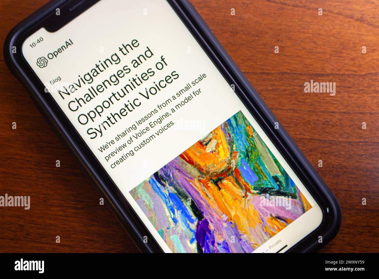 “Navigating the Challenges and Opportunities of Synthetic Voices” seen in iPhone. Voice Engine is text-to-speech AI model for synthetic voices OpenAI Stock Photo