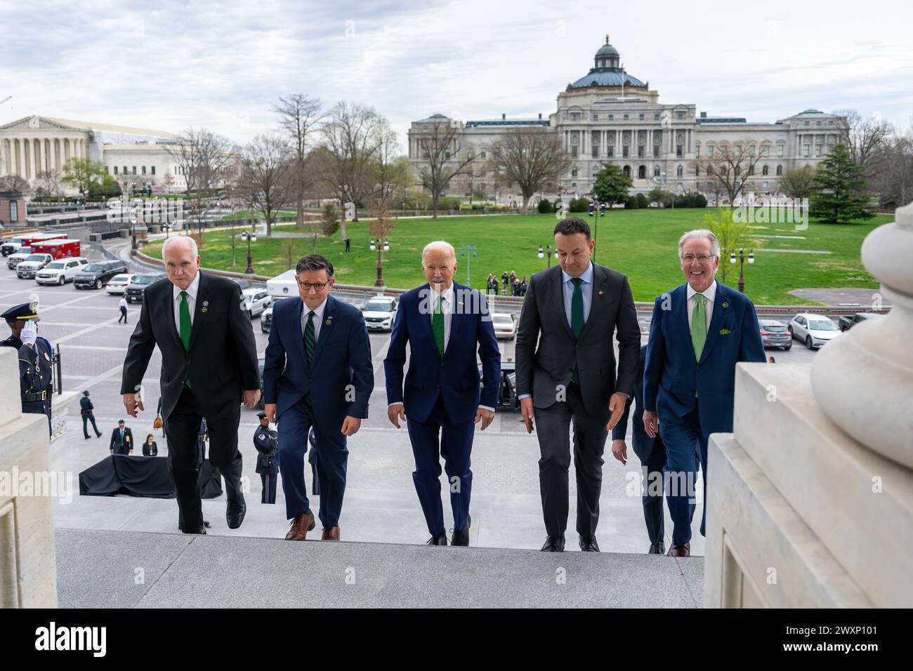 President Joe Biden greets Taoiseach Leo Varadkar, House Speaker Mike Johnson (R-LA), Rep. Mike Kelly (R-PA) and Rep. Richard Neal (D-MA) at the U.S. Capitol in Washington, D.C., Friday, March 15, 2024, as he arrives for the Friends of Ireland Luncheon. (Official White House Photo by Adam Schultz) Stock Photo