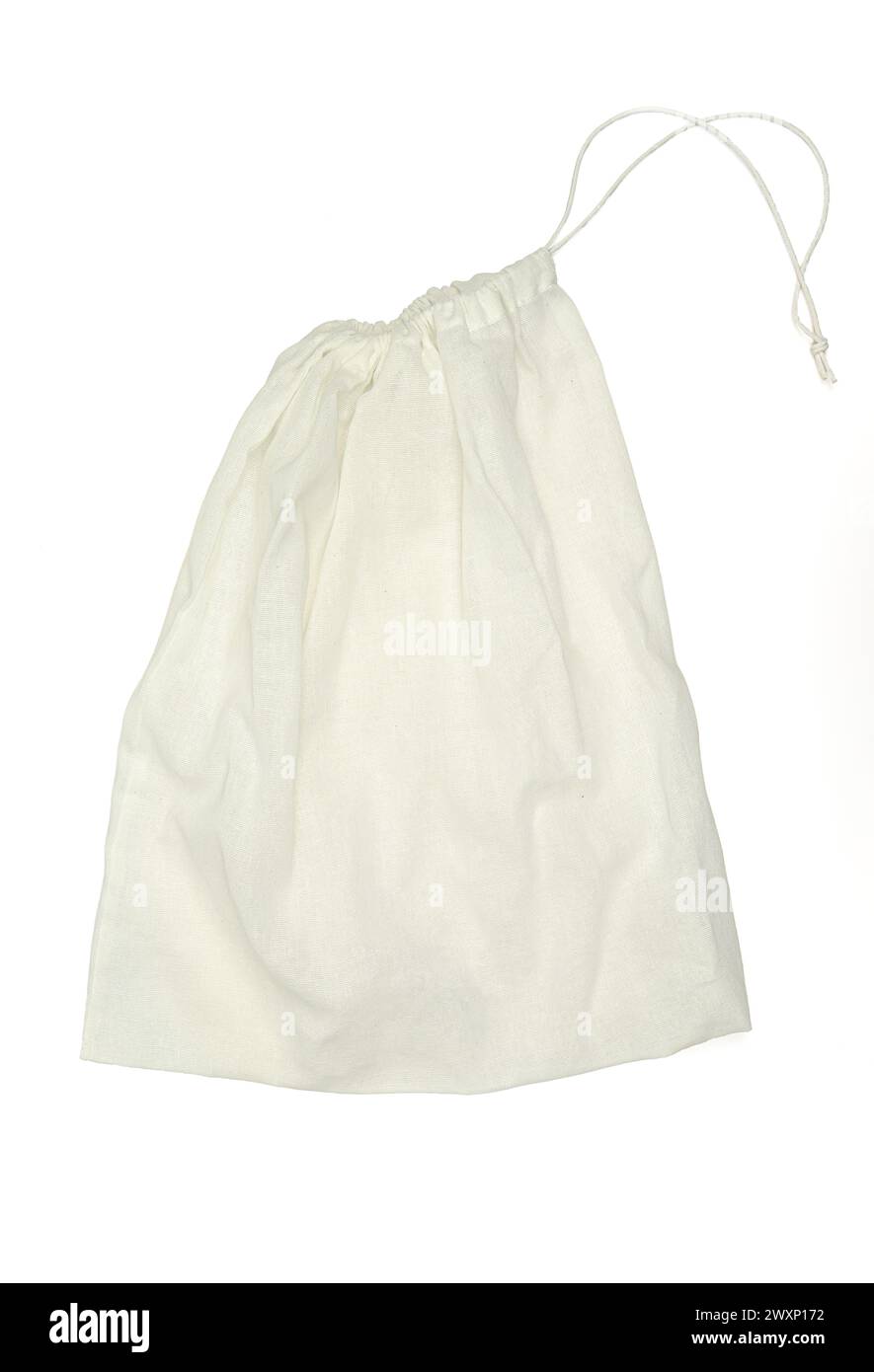 White pouch drawstring sack bag isolated on white background Stock Photo