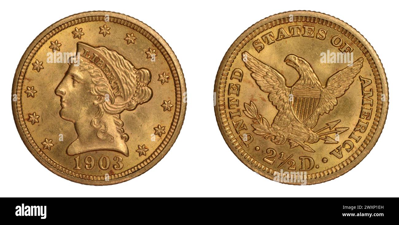 Obverse (heads) and reverse (tails) of U.S. 1903-P Liberty Head, also known as Coronet Head, quarter-eagle ($2.50 gold coin) isolated on white. Stock Photo