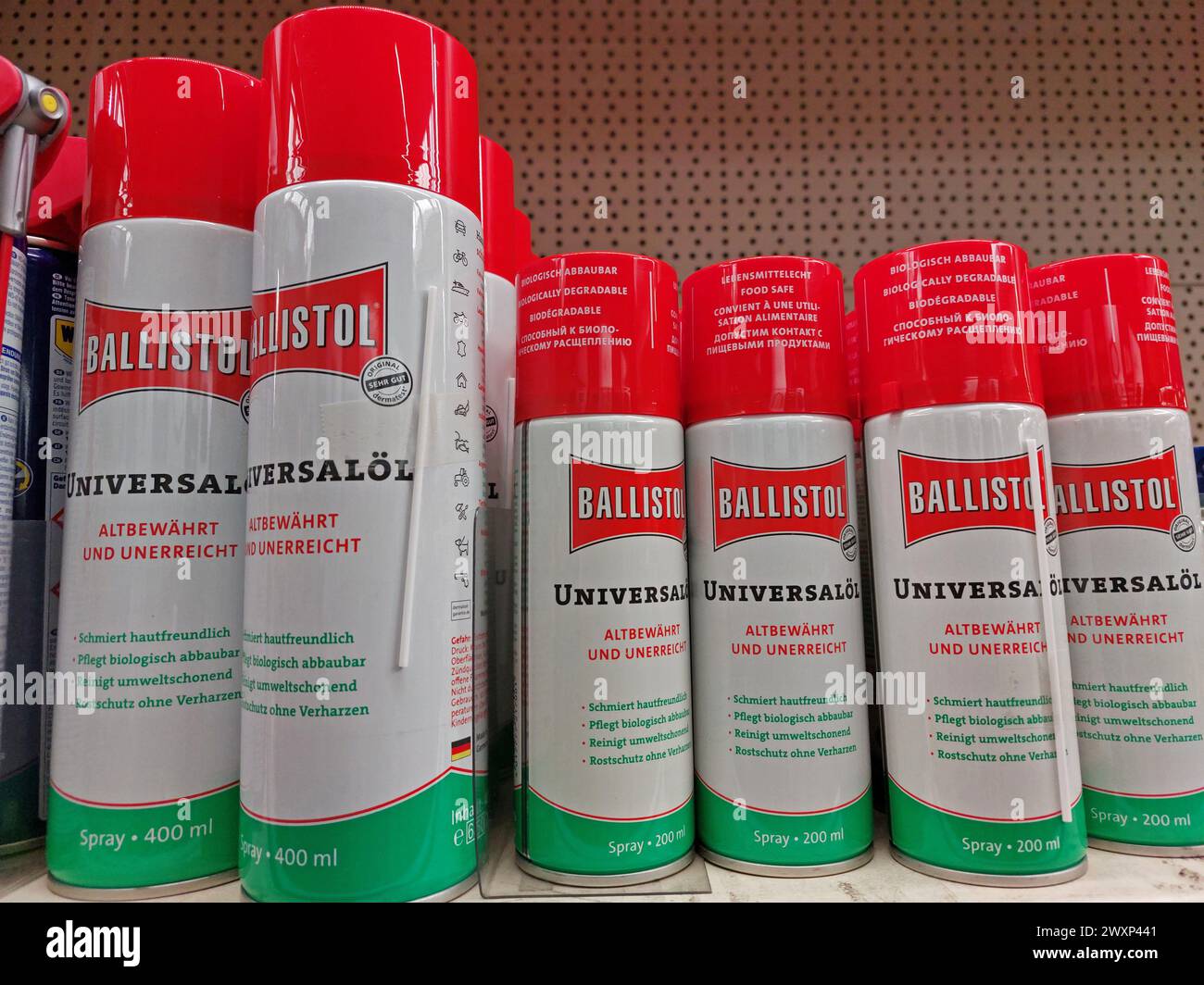 Ballistol universal oil spray bottles in a hardware store Stock Photo