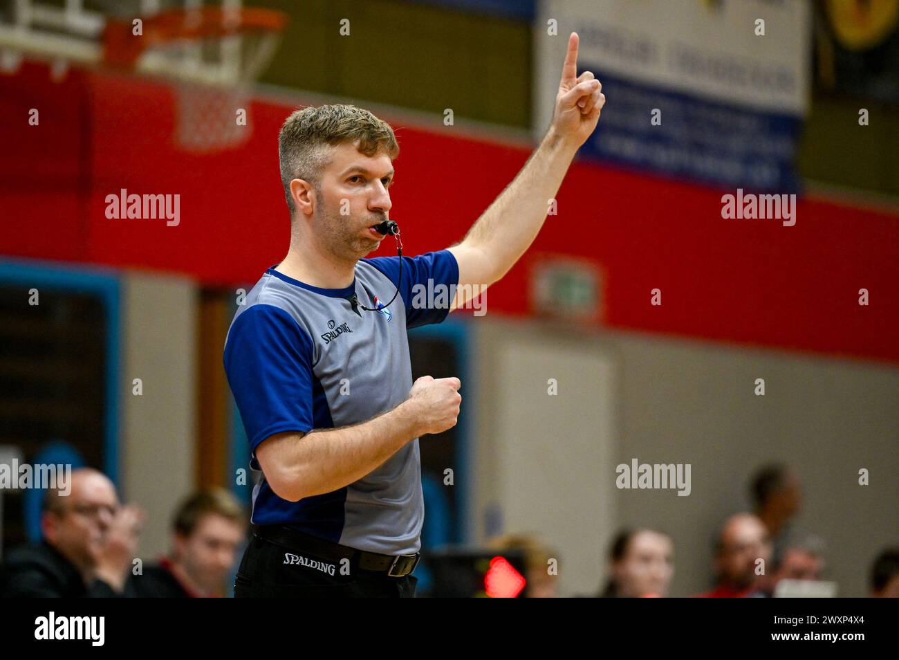 01.04.2024, Raiffeisen Arena Wels, AUT, BSL, Flyers Wels vs Basket Swans Gmunden, im Bild Michelle Kricheli (Schiedsrichter, Umpire) // BSL, Basketball Super League Match between Flyers Wels and Gmunden Swans, Austria on 2024/04/01 - 20240401 PD5159 Stock Photo