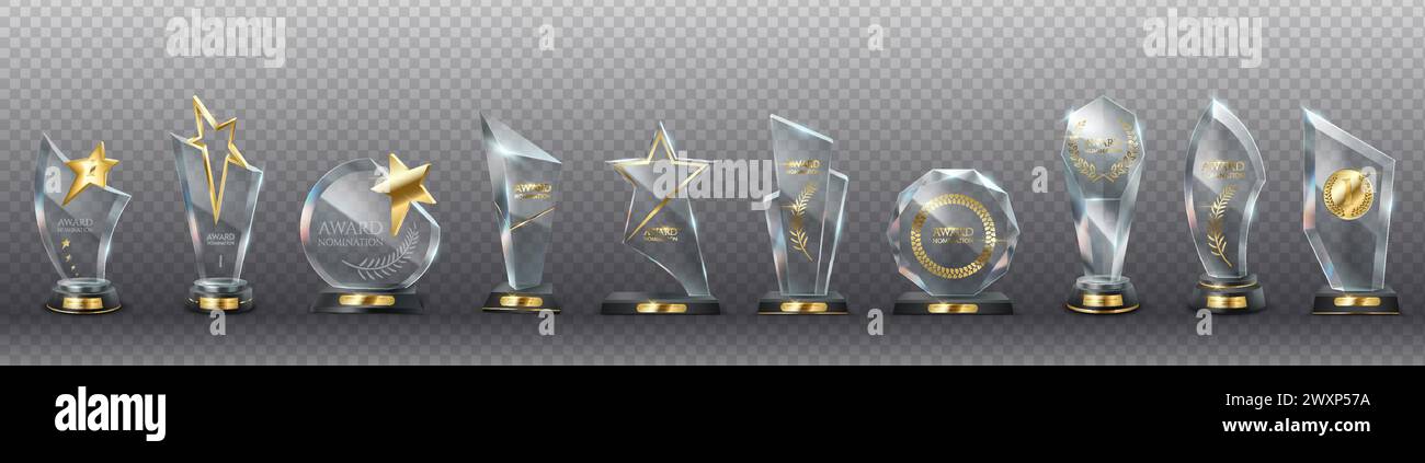 Glass award trophies with golden decor realistic vector illustration ...