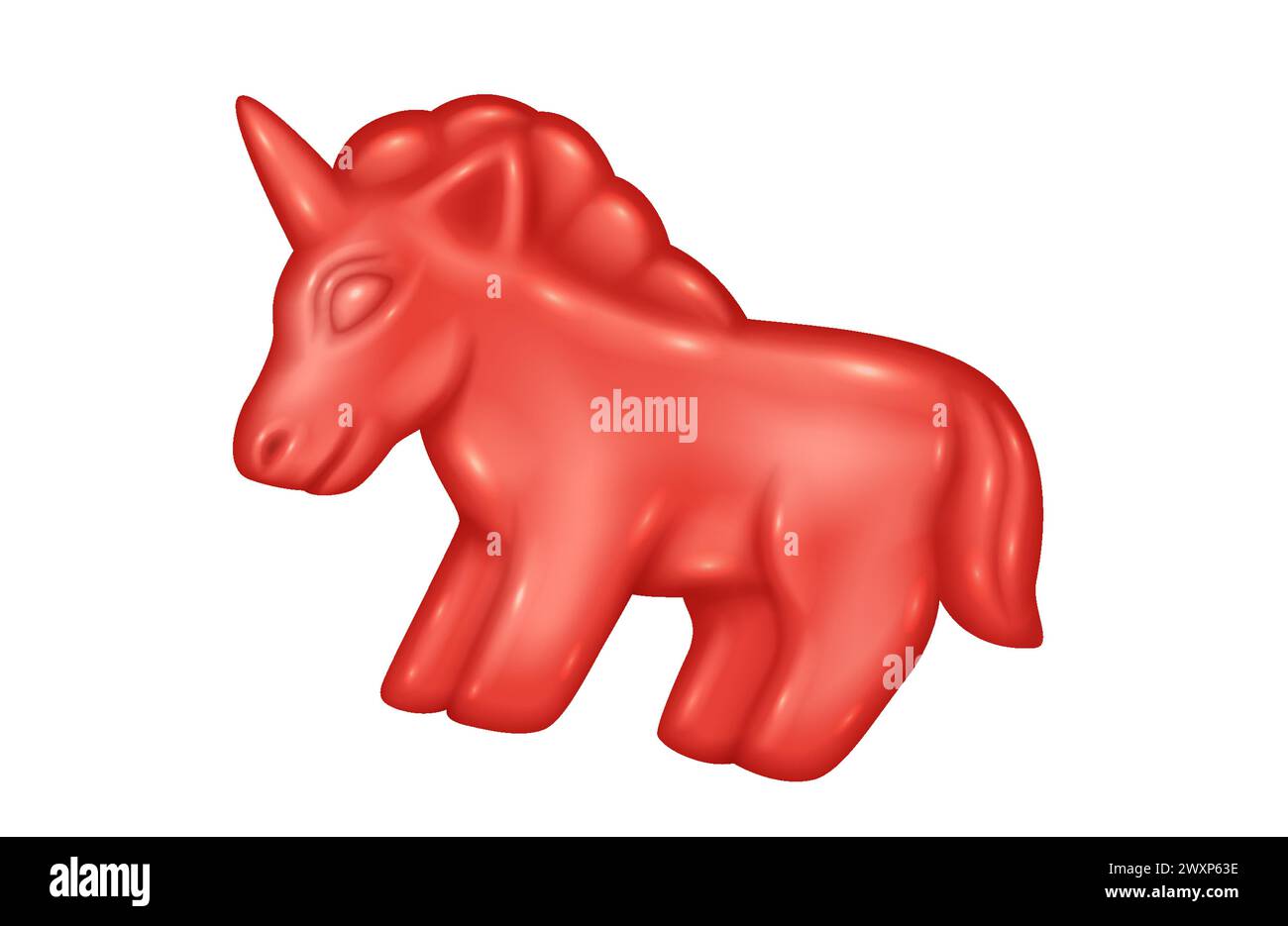 Red Jelly Unicorn 3d Realistic Vector Illustration. Chewing Gummy Candy 