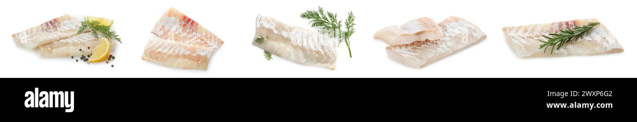 Pieces of raw cod fish isolated on white, set Stock Photo - Alamy