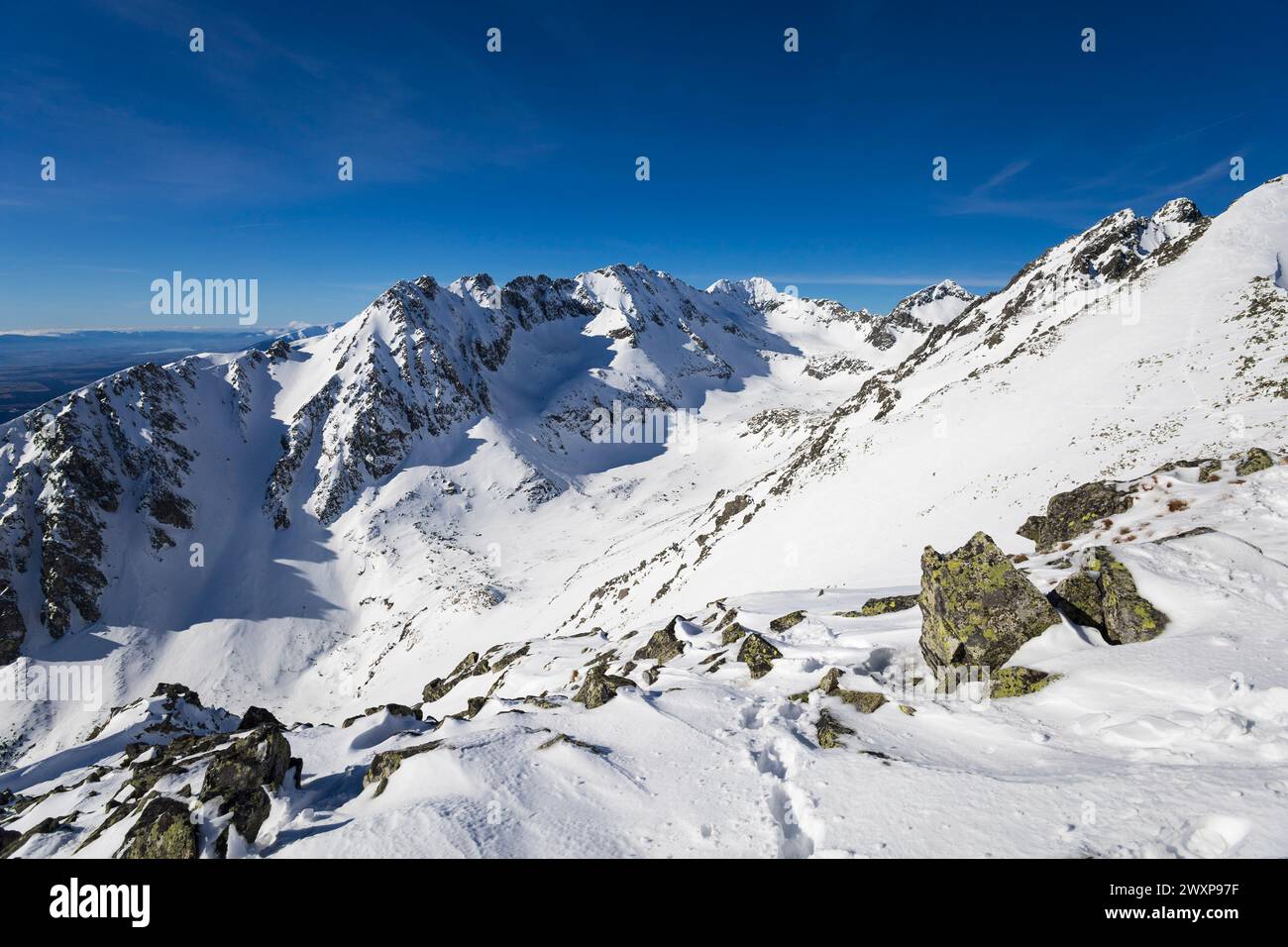 Velke Solisko ridge, Mlynicka dolina, view from Patria, Vysoke Tatry, High Tatras, Slovakia. Landscape scenery of beautiful peak, summit and top. Natu Stock Photo