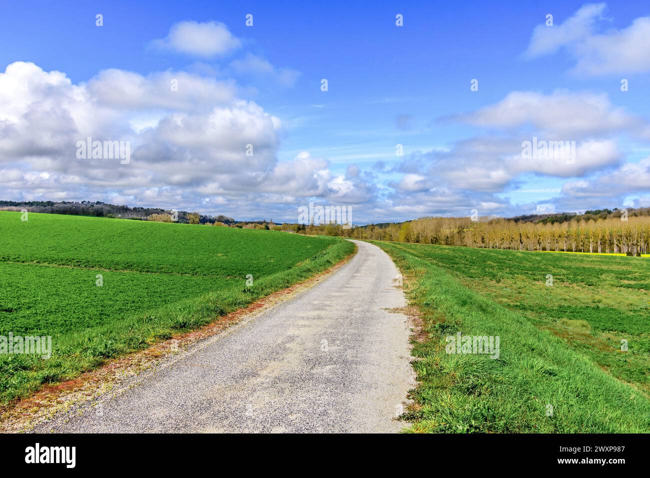 Cumulus clouds drifting across central French landscape. Stock Photo
