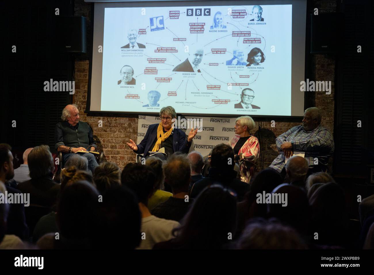 BBC discussion Panel with Alan Rusbridger, Jean Seaton, Patrick Younge, moderated by Ed Vulliamy. Held at The Frontline Club, Paddington, London. Stock Photo