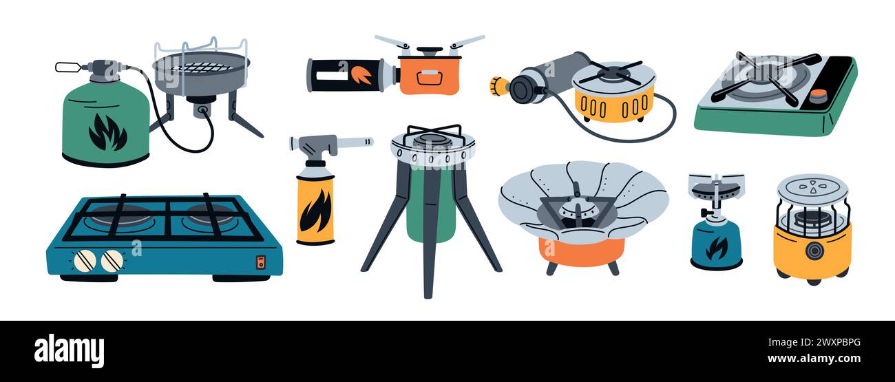 Camping gas stoves. Portable burners for outdoor cooking. Propane tanks. Hiking cookers. Expeditionary kitchen. Camp furnaces. Fuel cylinder balloons Stock Vector