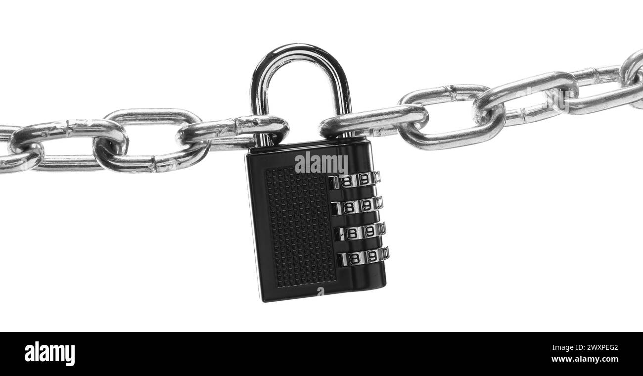 Steel combination padlock and chain isolated on white Stock Photo Alamy