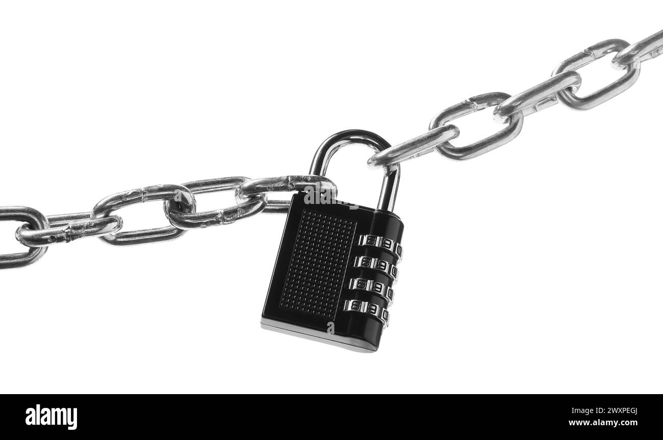 Steel combination padlock and chain isolated on white Stock Photo Alamy