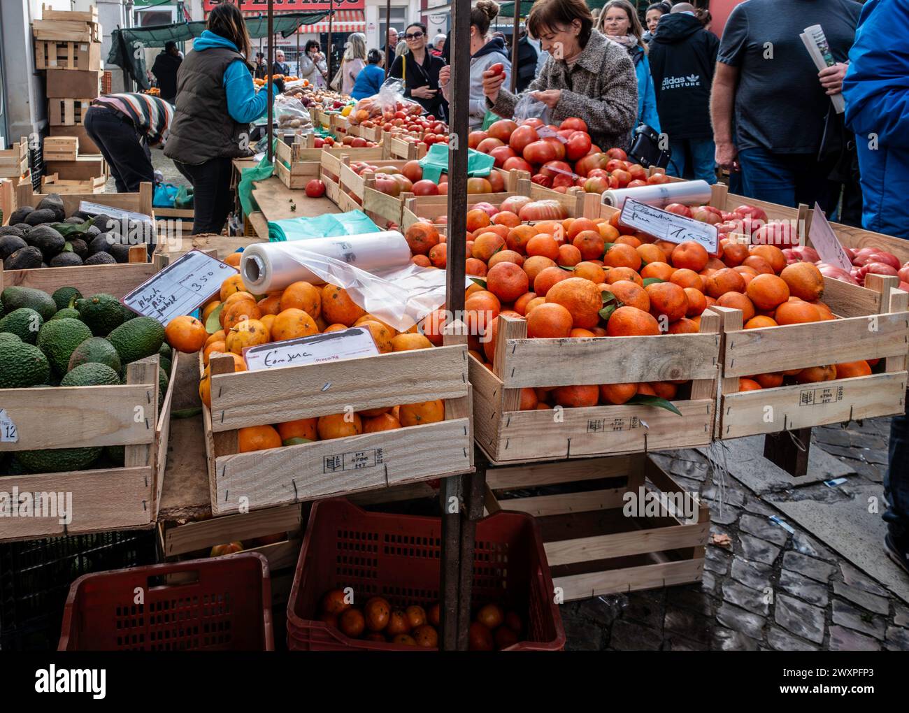 Shopping for fruit and vegetables in Loule Market, Portugal. Stock Photo