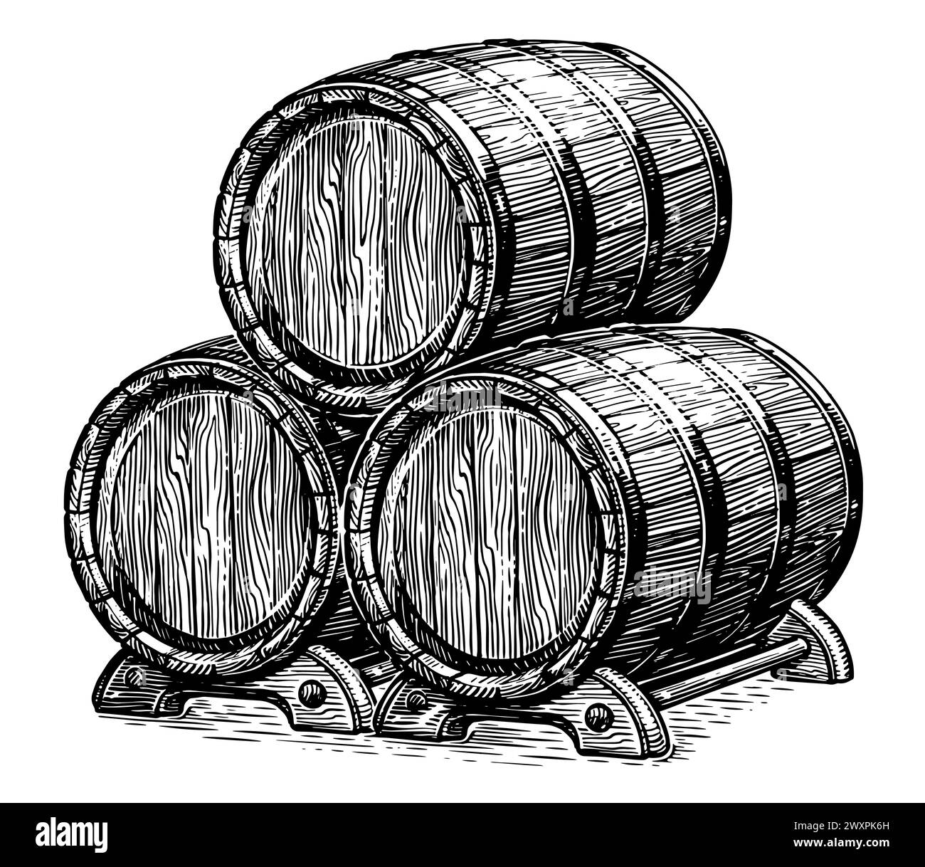 Three oak barrels for alcoholic beverages. Wood kegs with wine or beer. Hand drawn engraving style illustration Stock Vector