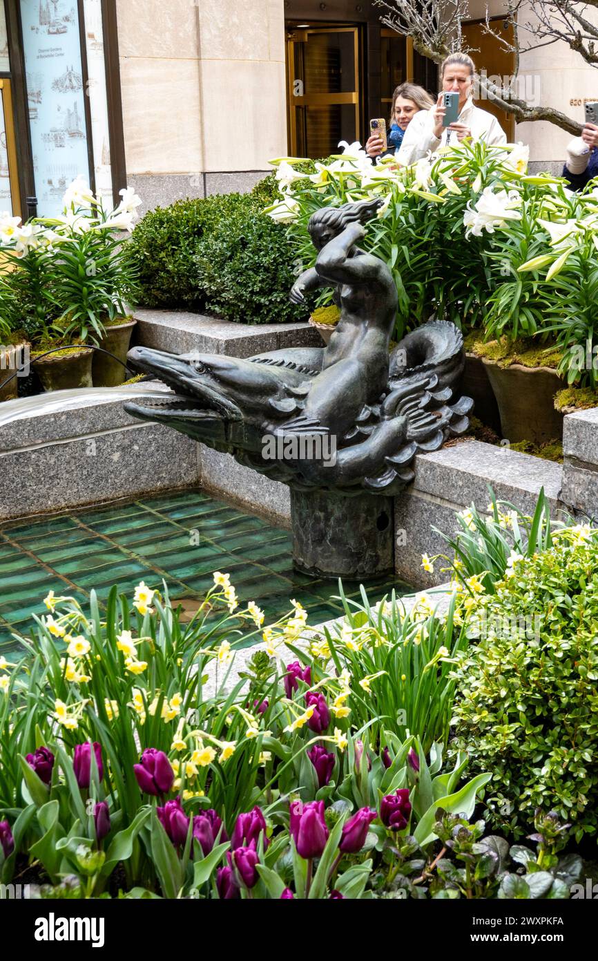 Rockefeller Center Channel Garden at Easter, 2024, NYC, USA Stock Photo