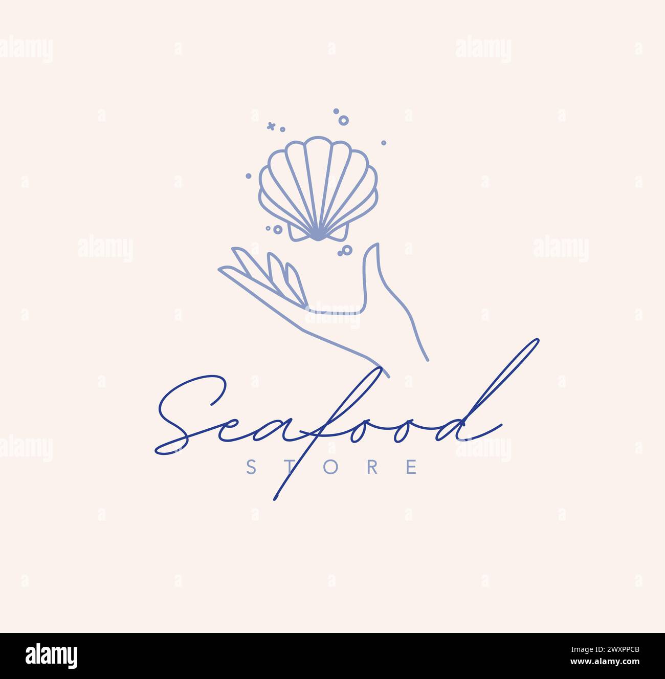 Hand with seashell and lettering seafood store drawing in linear style on beige background Stock Vector