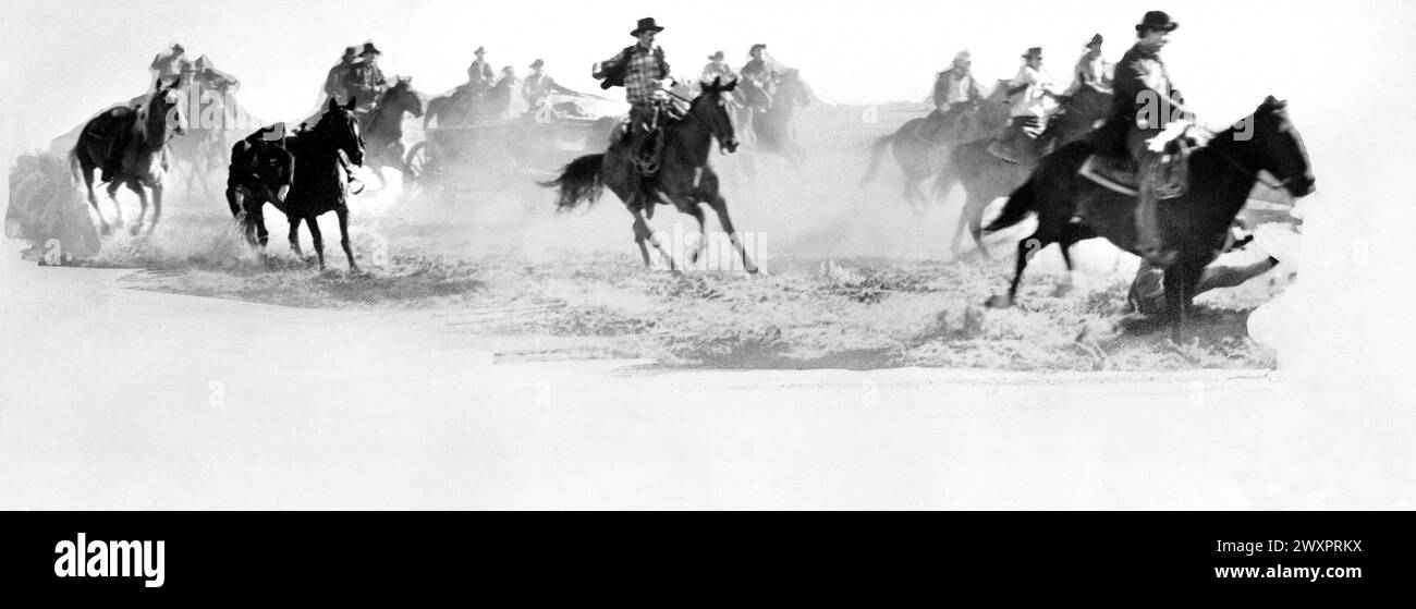 Cowboys on horseback during chase scene, on-set of the film, 'Cheyenne', Warner Bros., 1947 Stock Photo