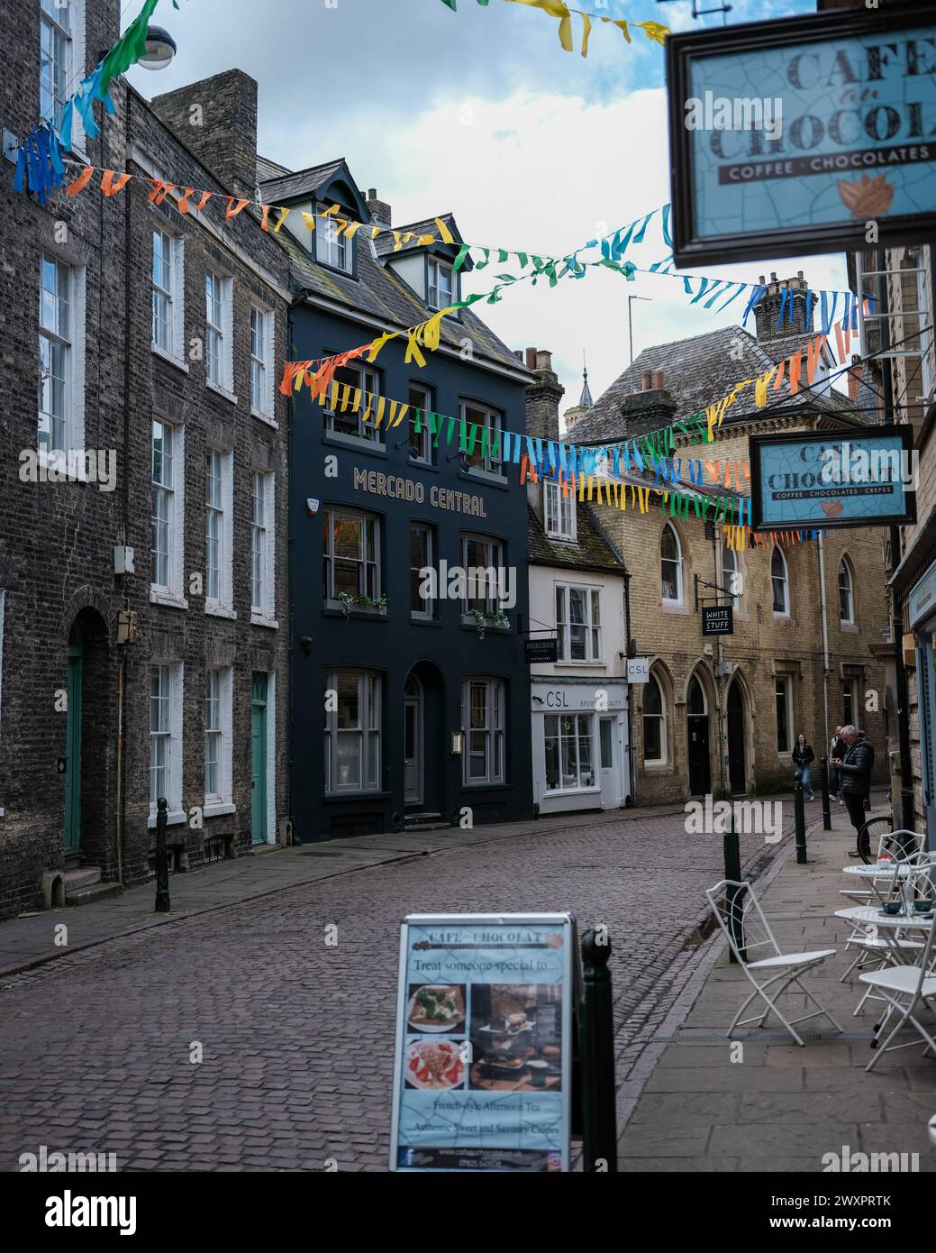 Green Street, Cambridge, UK with bunting Stock Photo