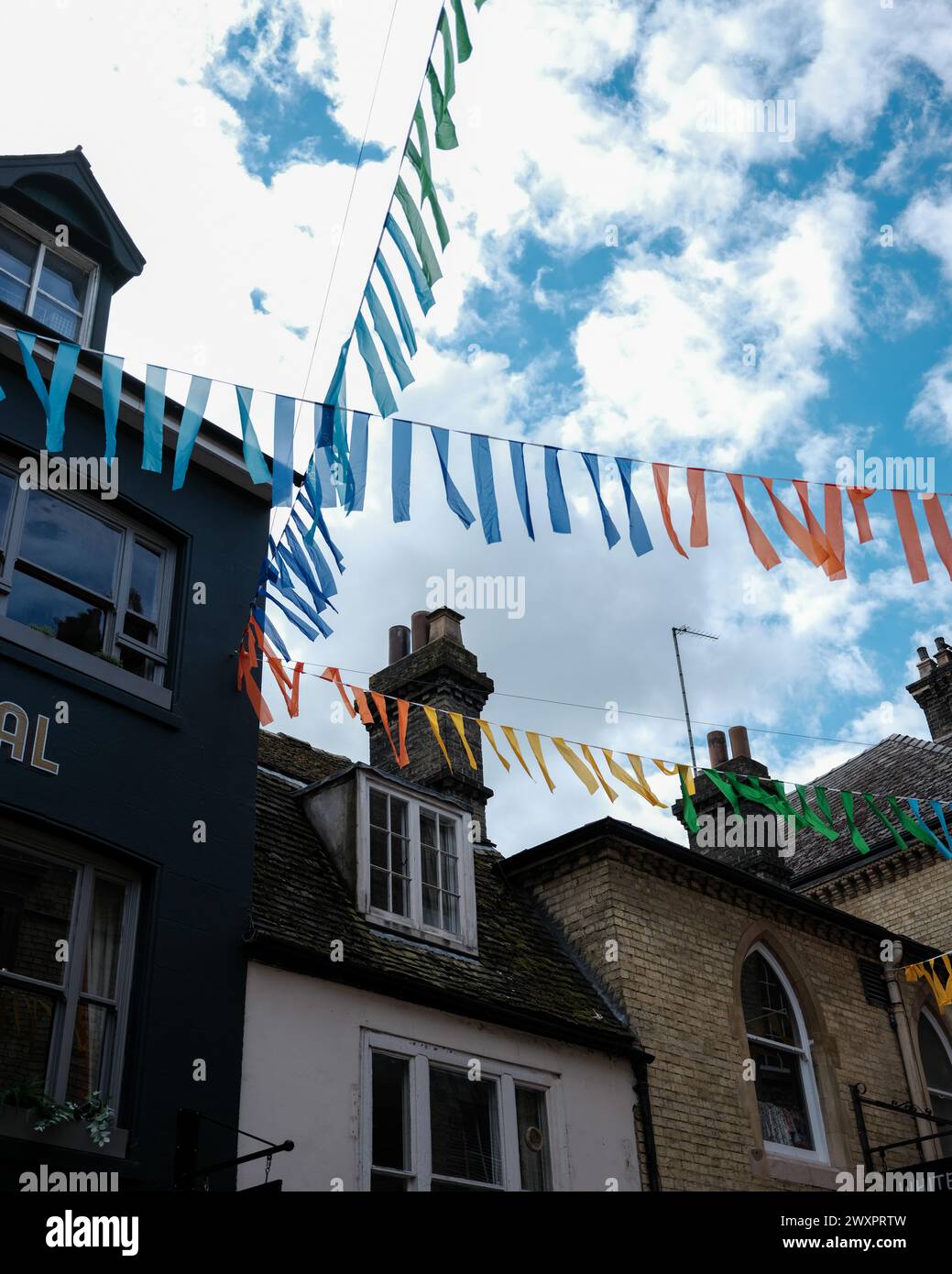 Green Street, Cambridge, UK with bunting Stock Photo