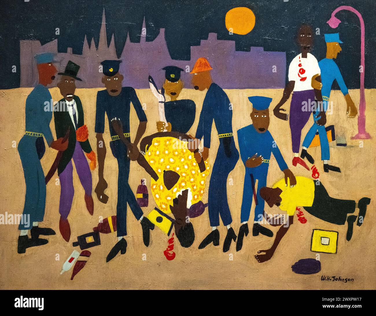 William H Johnson painting called Moon Over Harlem done in 1943-44 about the police violence in Harlem in 1943 toward a black woman Stock Photo