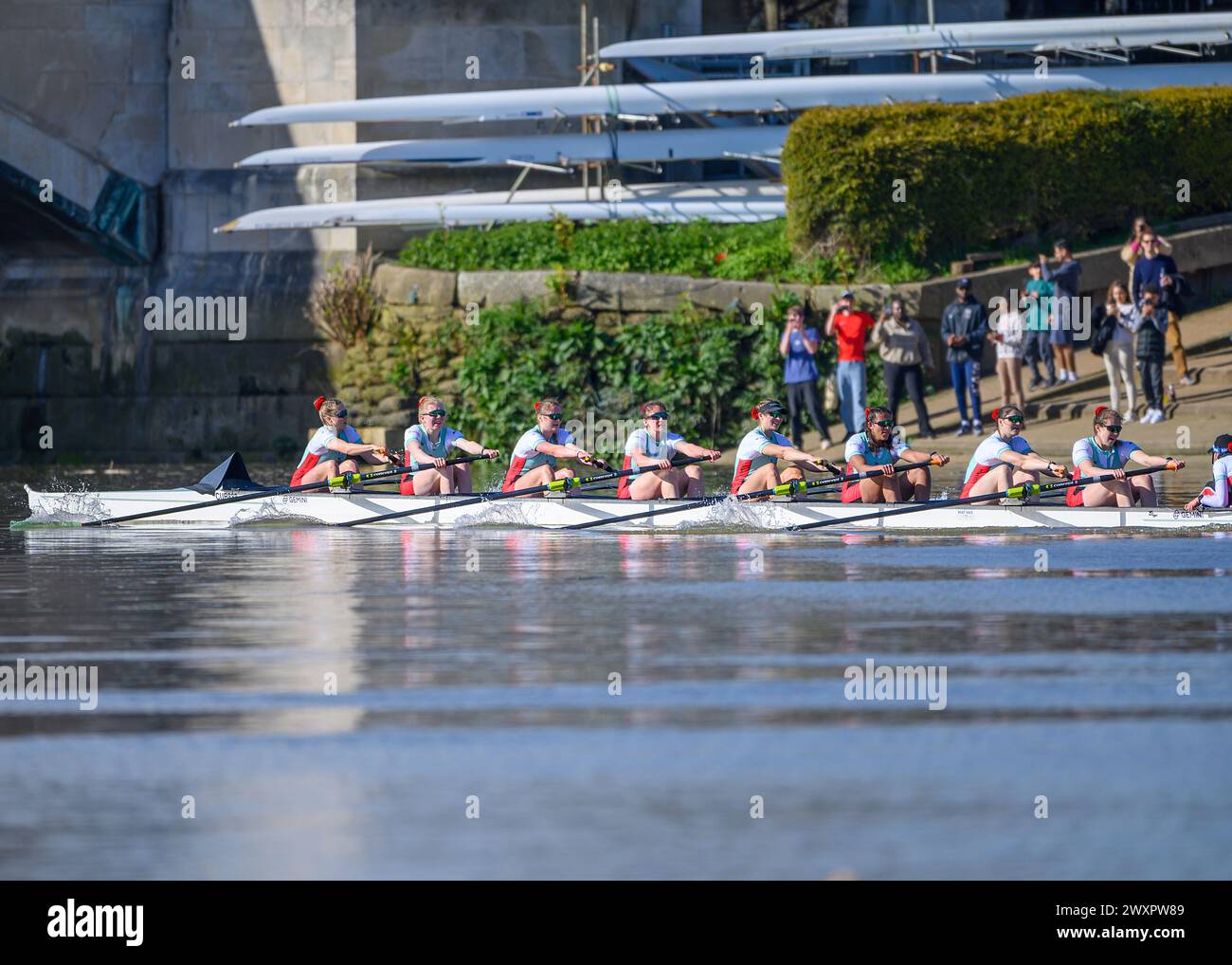 Saturday, March 30th 2024 Oxford/Cambridge Boat Race. Cambridge women's squad crossing the finish line to win the 78th Gemini Women's Boat Race. Stock Photo