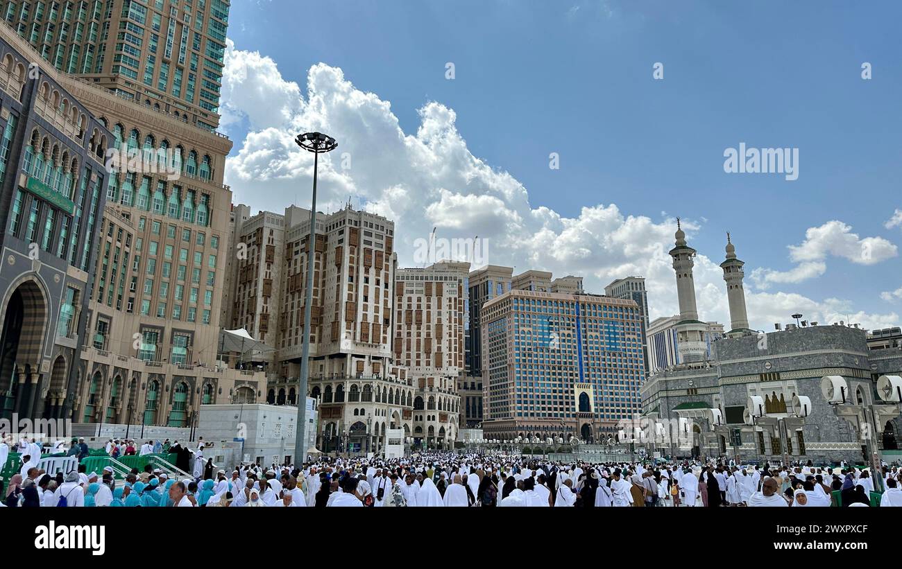 Mecca Saudi Arabia - Mar 28 2024: Al Kaaba in Al Haram mosque - Muslim pilgrims perform  hajj and umra in Makkah Stock Photo
