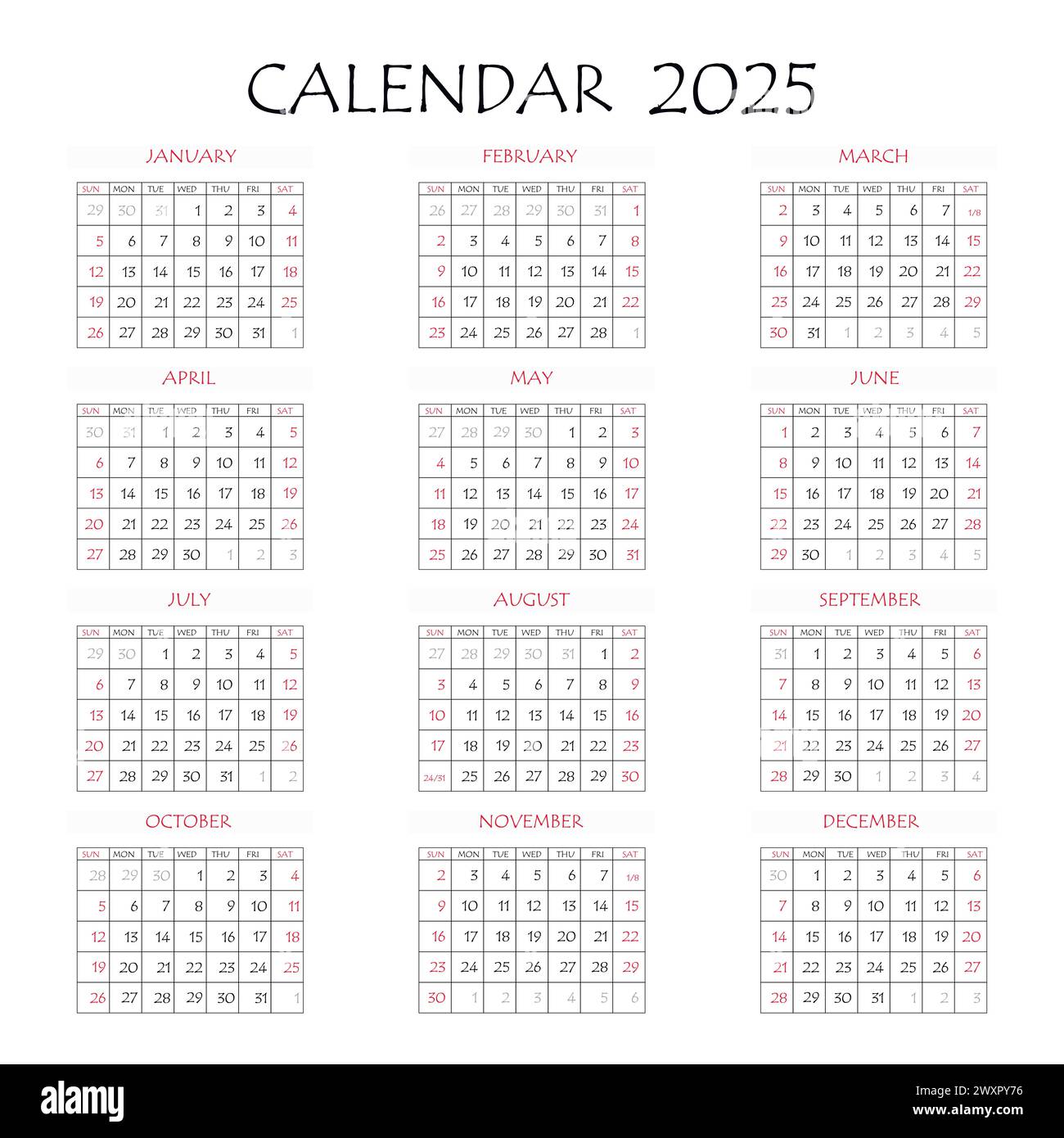 2025 calendar planner. Corporate week. Template layout, 12 months