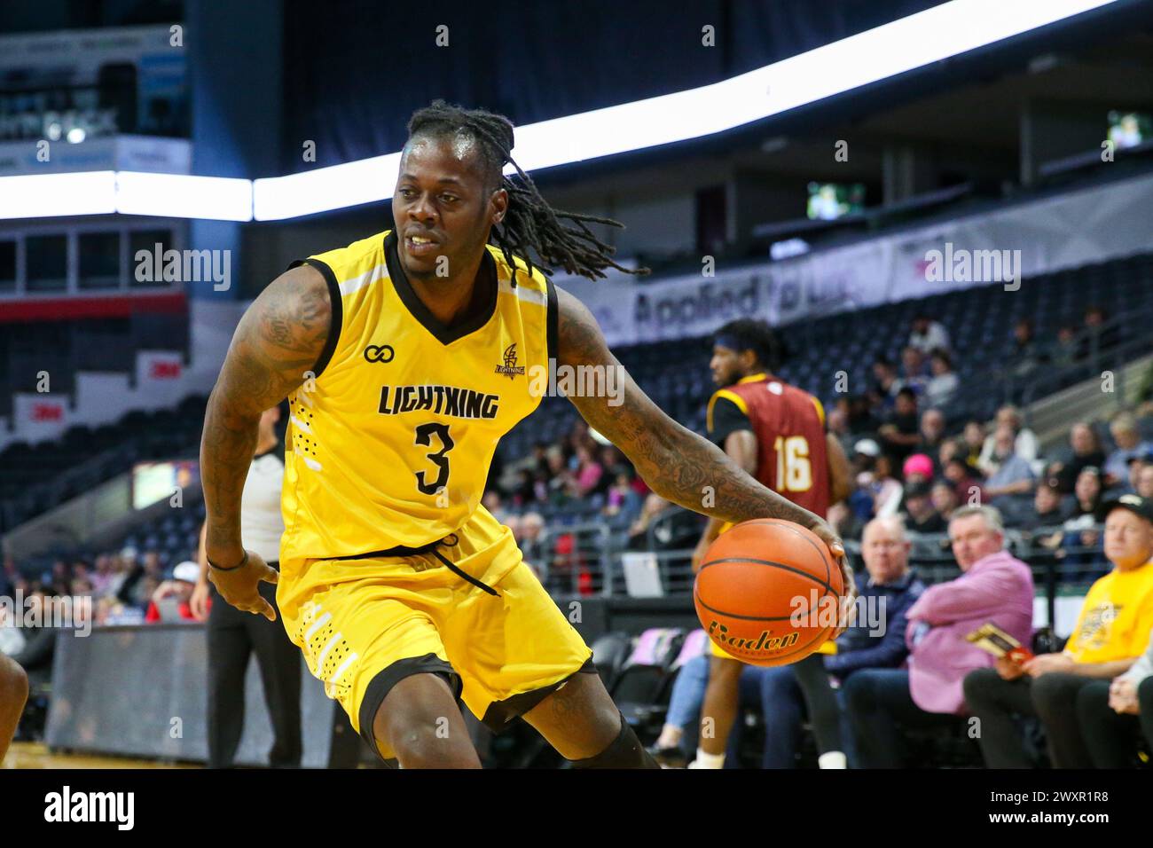 London, Canada. 1st Apr, 2024. The London Lightning lead the Newfoundland Rogues 60-56 at half time. Devon Baulkman (3) of the London Lightning during his first game as a lightning. Credit: Luke Durda/Alamy Live News Stock Photo