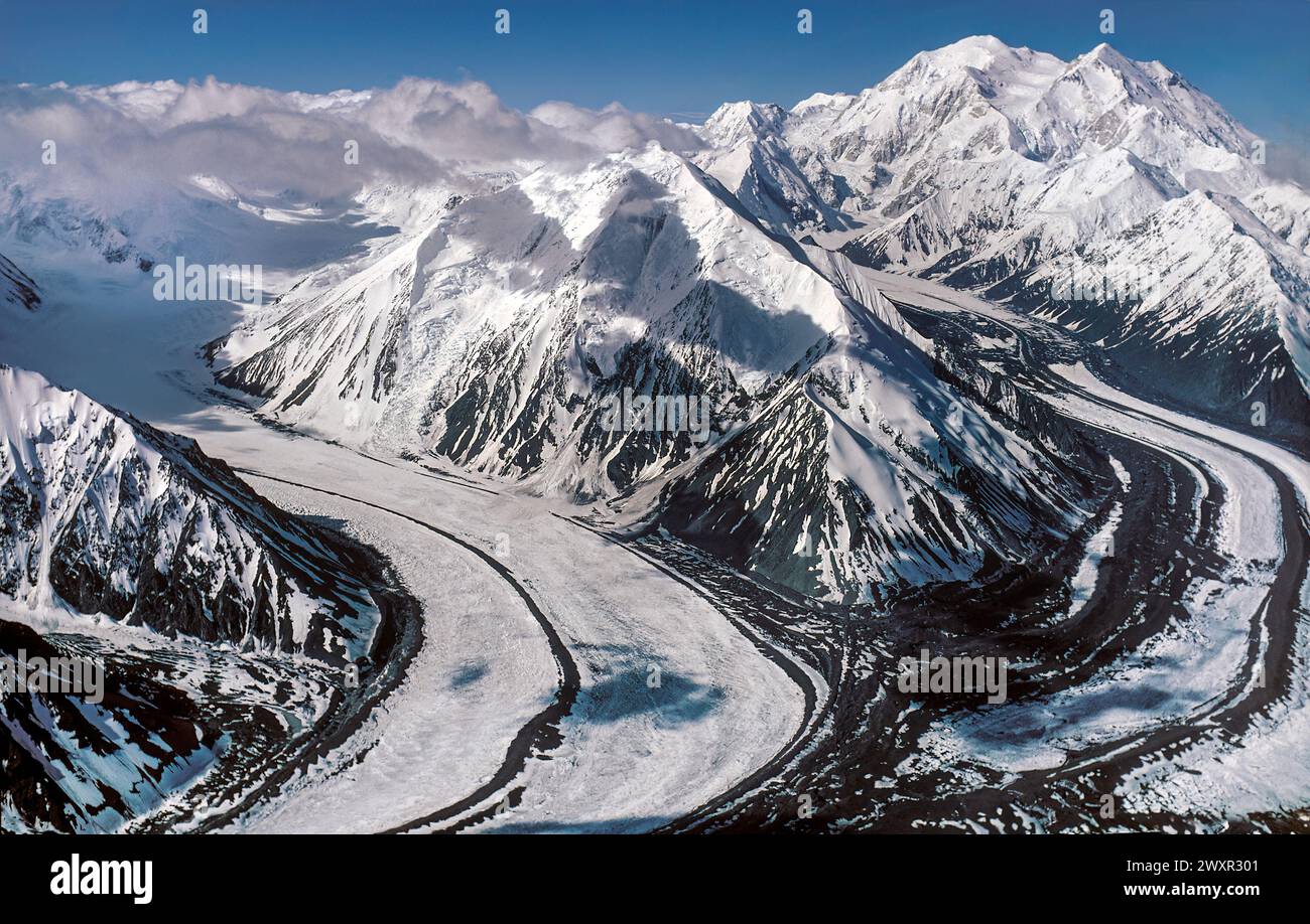 Glaciers meeting in Denali National Park circa 1980, Alaska, USA Stock Photo