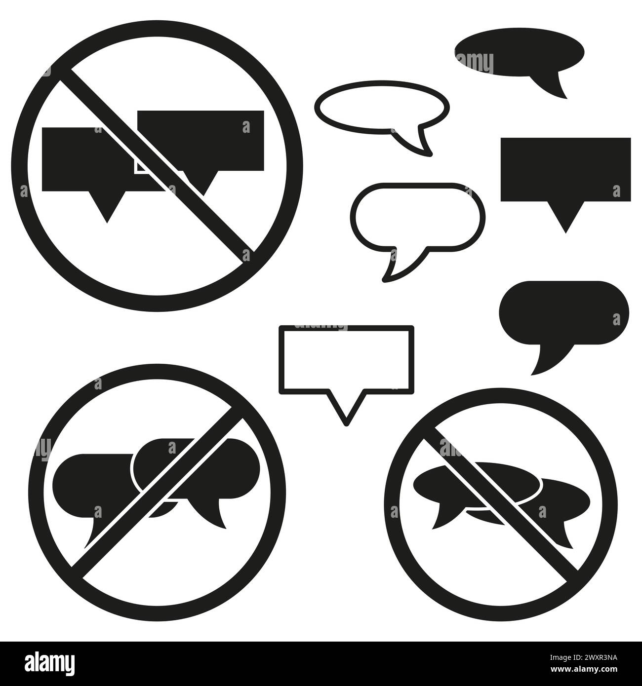 No speech bubbles set. Forbidden chat symbols. Muted conversation icons