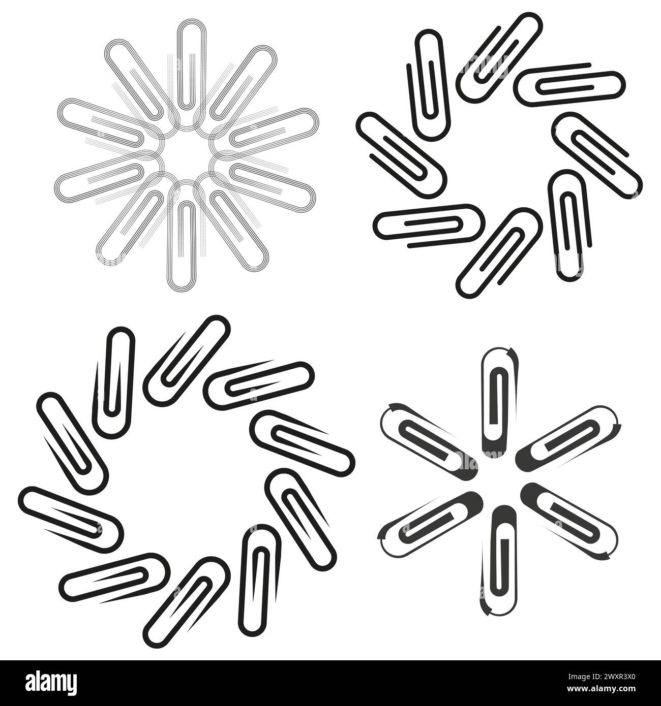 Circular paperclip patterns. Office supply design elements. Vector