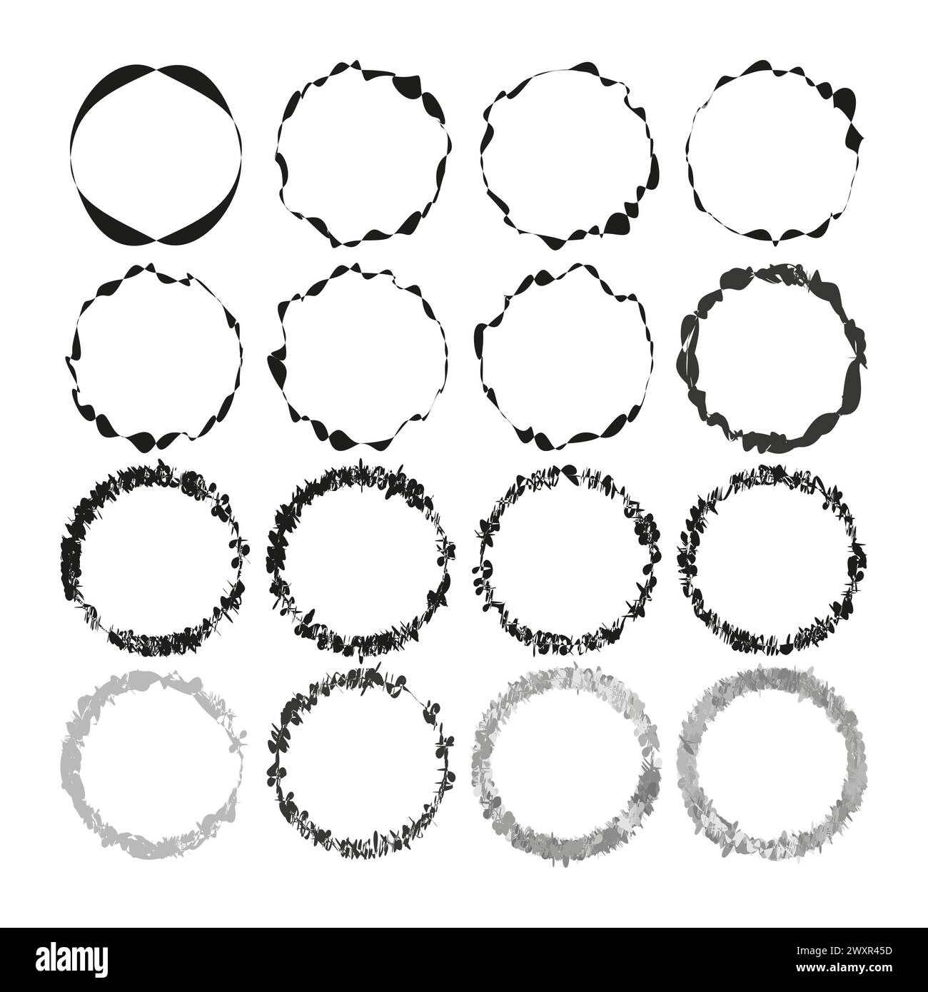 Assorted circular frames set. Varied round borders collection. Circle edge patterns. Decorative ring designs. Vector illustration. EPS 10. Stock Vector