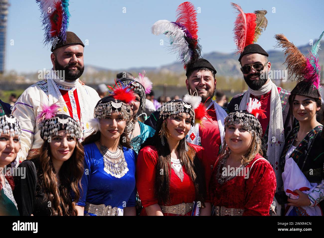 Dohuk, Iraq. 01st Apr, 2024. Assyrians dressed in traditional clothes pose for a picture during Aketo celebrations, the Assyrian New Year 6774, in Dohuk. Credit: SOPA Images Limited/Alamy Live News Stock Photo
