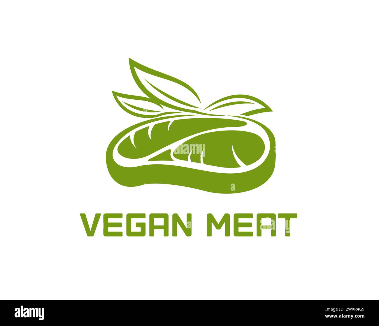 Vegan beef steak meat, plant protein, vegetable meal icon. Isolated vector emblem with green leaves and cut of meatless steak. Healthy vegetarian food, organic plant-based cuisine restaurant or shop Stock Vector