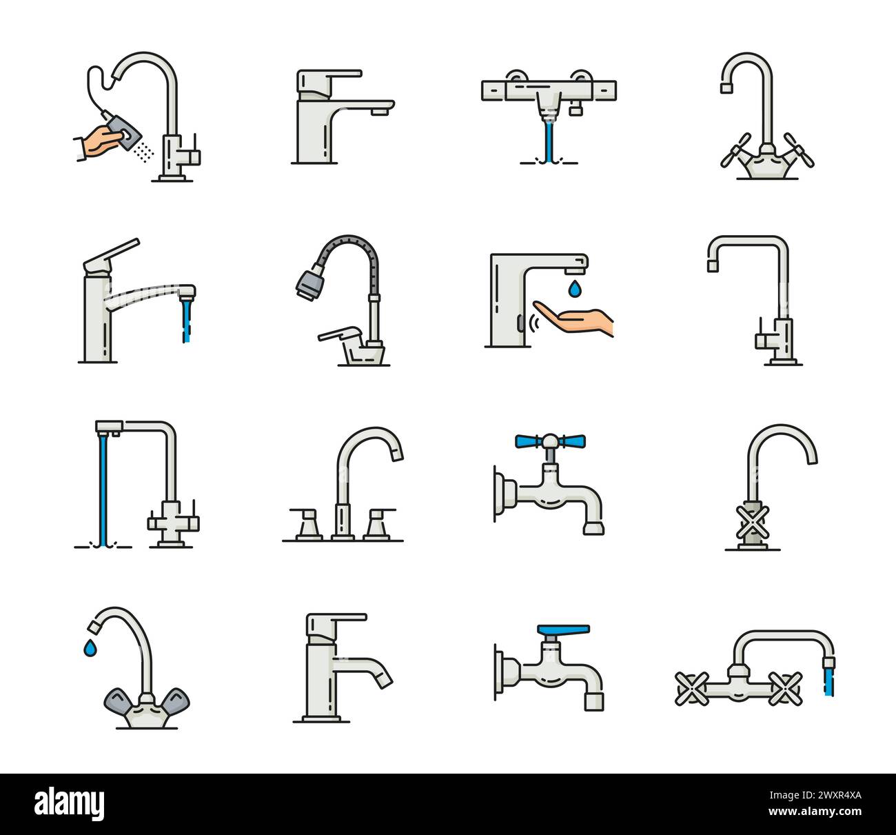 Tap bathroom and kitchen faucet icons of bath water sink, vector