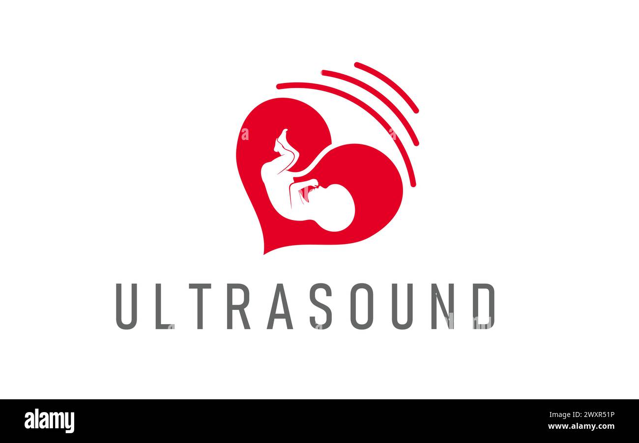 Ultrasound pregnancy icon. Isolated vector emblem, features baby fetus profile in the pregnant woman womb, within heart shaped frame and sound waves, symbolizing health care and medical attention Stock Vector