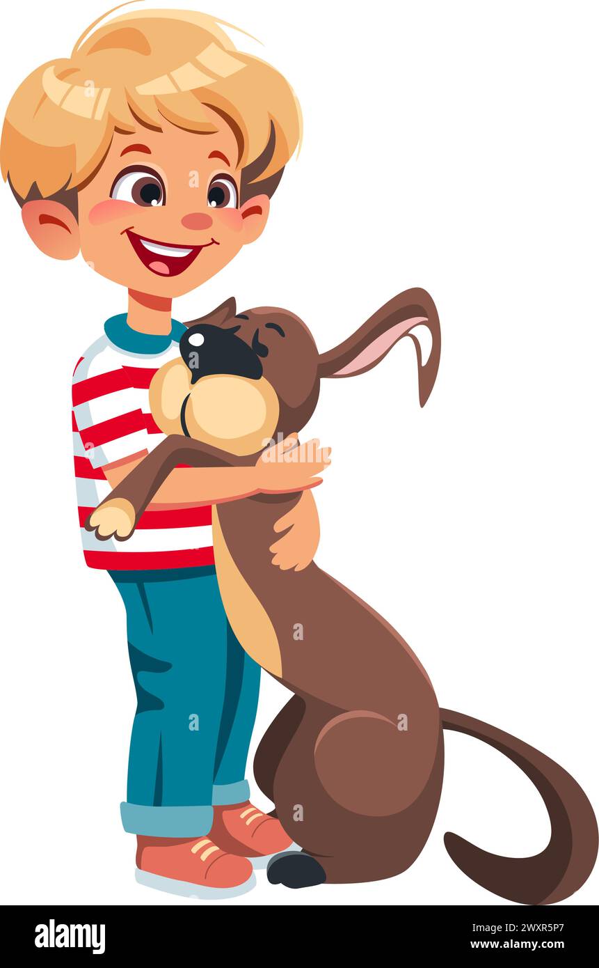 Smiling blond boy kid hugging happy big brown dog. Flat vector isolated illustration Stock Vector