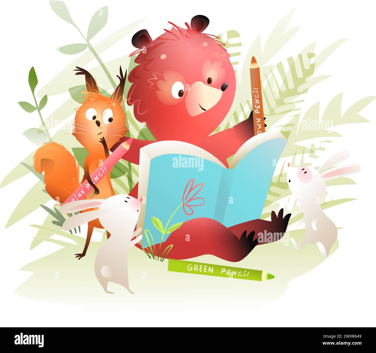 Animals in Forest Drawing or Reading Book Stock Vector