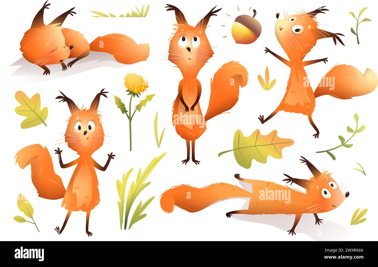 Cute Squirrel Character Poses for Kids Illustrated Book Stock Vector