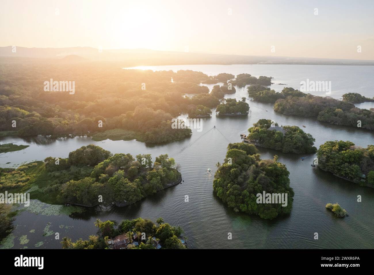 Boat tour in sunset time Granada Nicaragua Central america aerial drone view Stock Photo