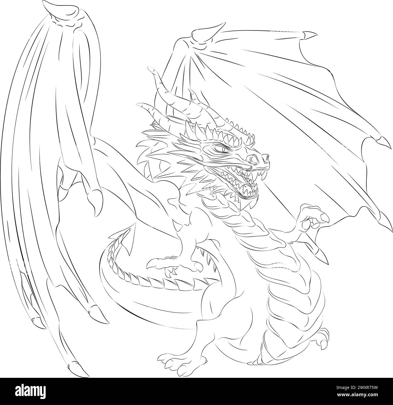 Line art of dragon with wings. Vector illustration of green winged dragon pointing with its right paw finger. Dragon with wings, horns, teeth Stock Vector