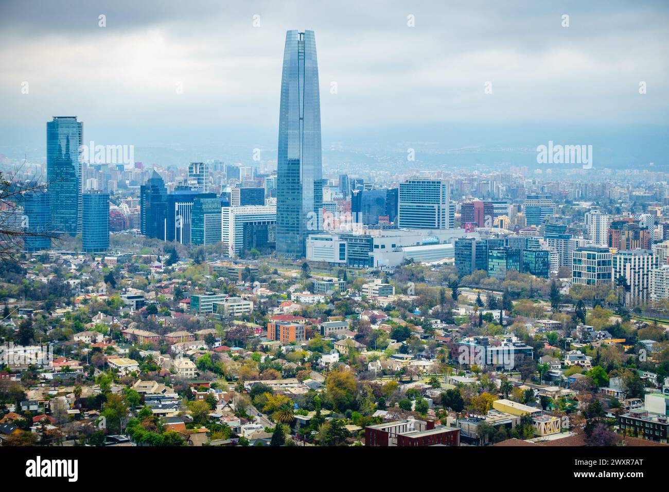 Beautiful view of Santiago skyline from Cerro San Cristobal park in the center of Santiago, Chile Stock Photo