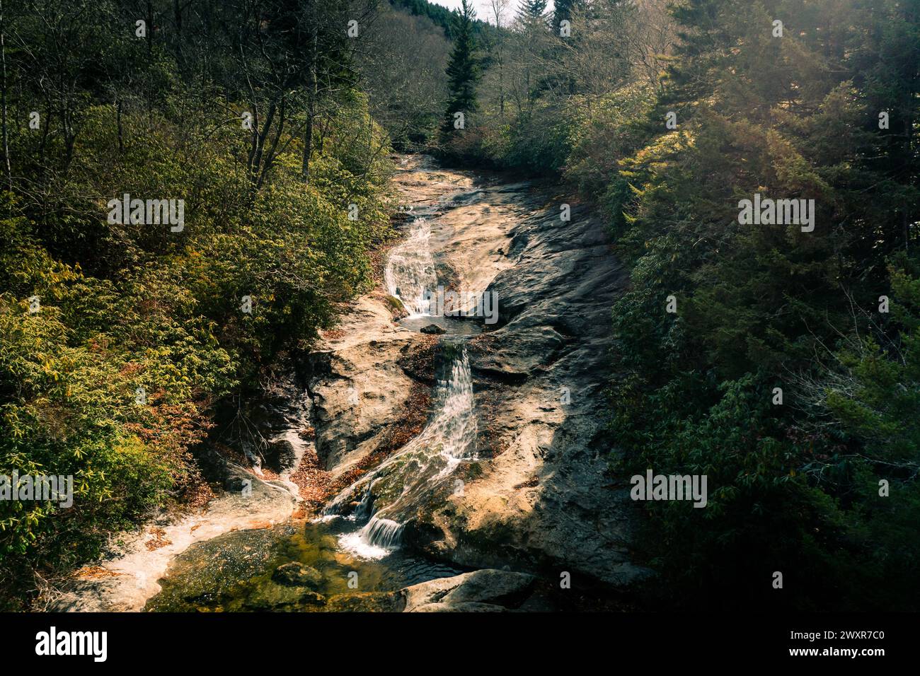 Bubbly Falls waterfall in Appalachian Mountains of North Carolina near Blue Ridge Parkway Stock Photo