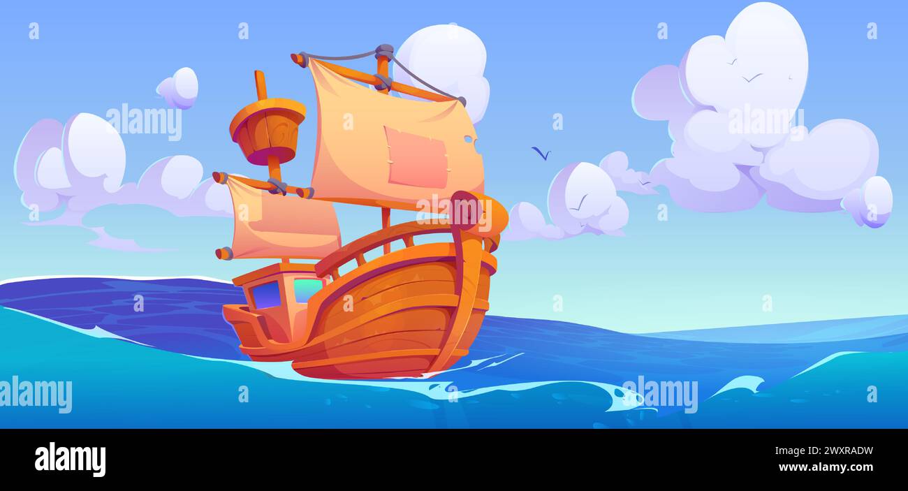 Vintage sailboat with wooden deck and patch on textile masts on sea or ocean waves. Cartoon vector illustration marine landscape with ancient ship. Medieval nautical transport for cruise or fishing. Stock Vector