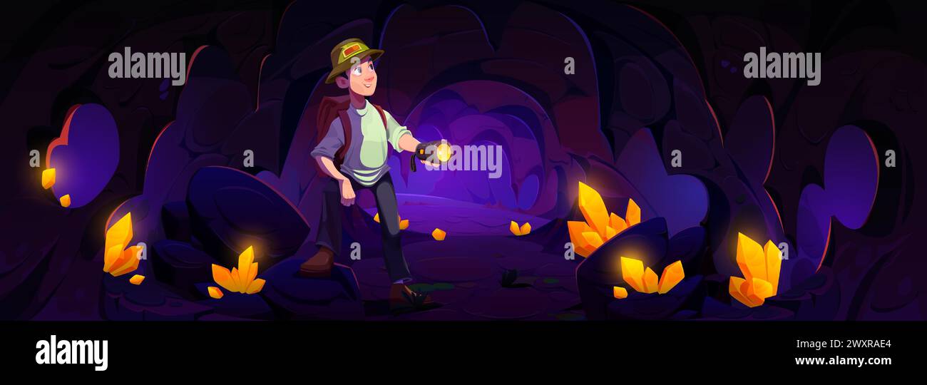 Man tourist or explorer with backpack and flashlight in dark cave with golden crystals. Cartoon vector illustration of person in underground cavern with treasure or gold mine. Dungeon with gem cluster Stock Vector