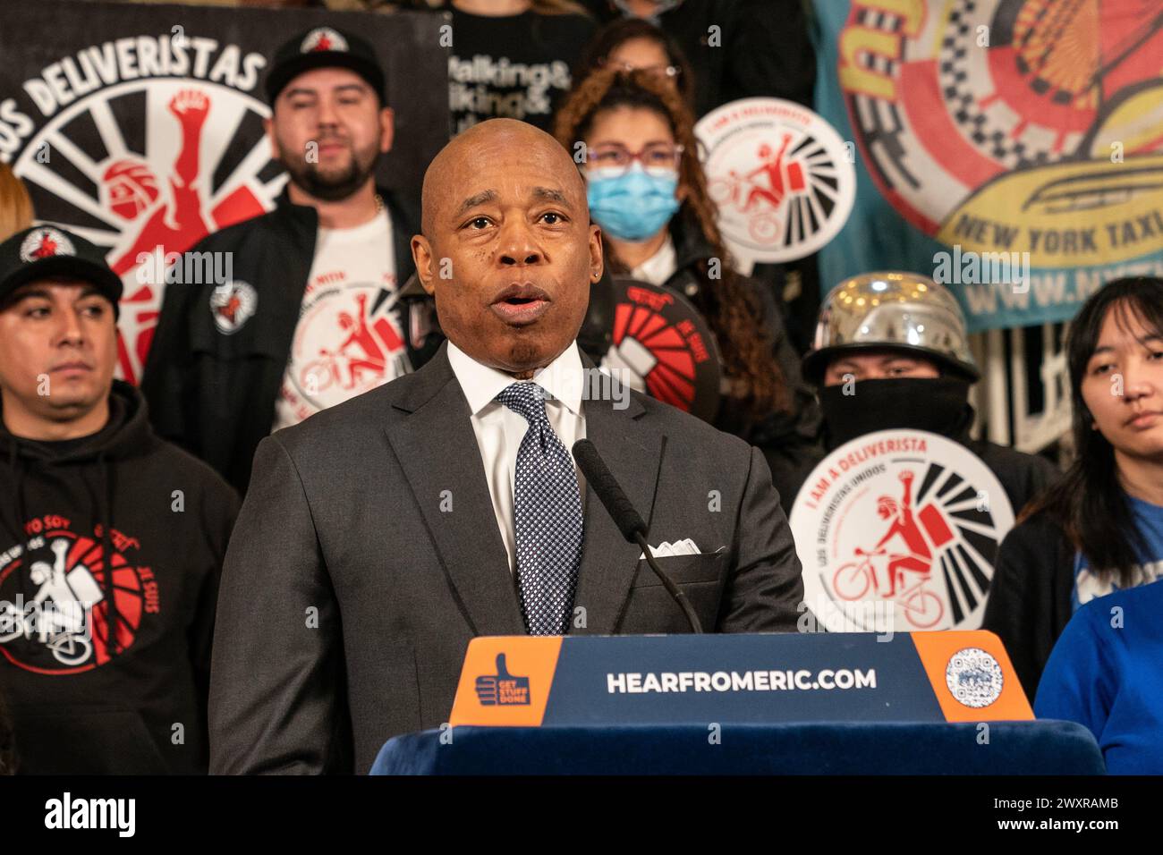 Mayor Eric Adams speaks as he announced increase minimum pay rate for ...