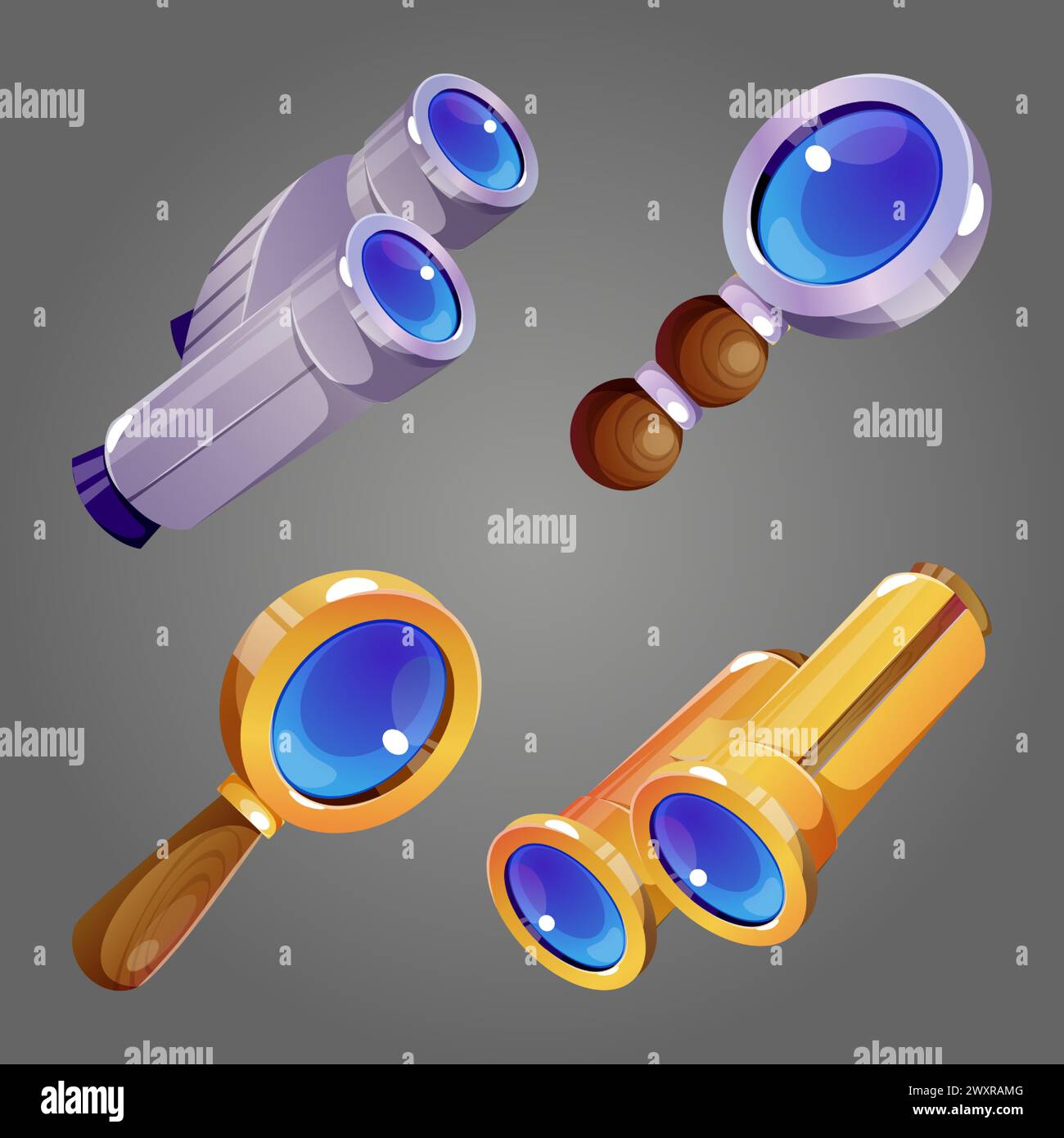 Magnifier glass and binocular cartoon vector set. Magnify tools for information search and science research. Enlarge, focus and analysis concept. Business vision and strategy or economics monitoring. Stock Vector